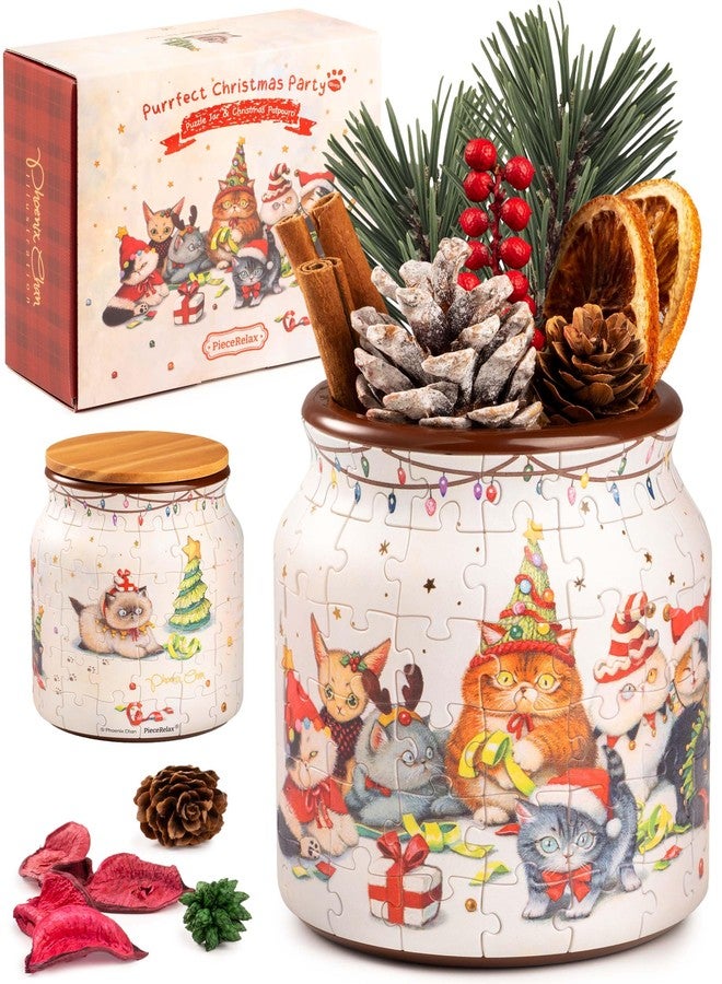 PieceRelax 3D Puzzle Jar 96 Plastic Pieces, Includes Dried Flowers - Phoenix Chan - Purrfect Christmas Party Use Includes Divider as a Pen or Utensil Holder with Wooden Lid [BB1052] - Image 1